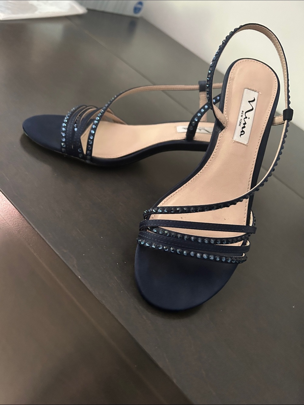 Nina Navy Crystal-Strap Open-Toe Sandal